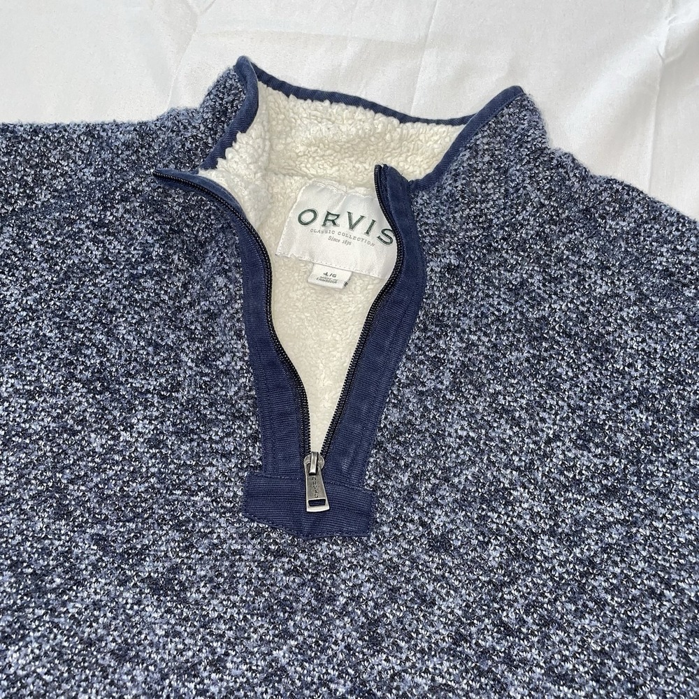 Orvis Mens Blue Marled Sherpa Lined Quarter‎ Zip Sweater Fleece Pullover Large